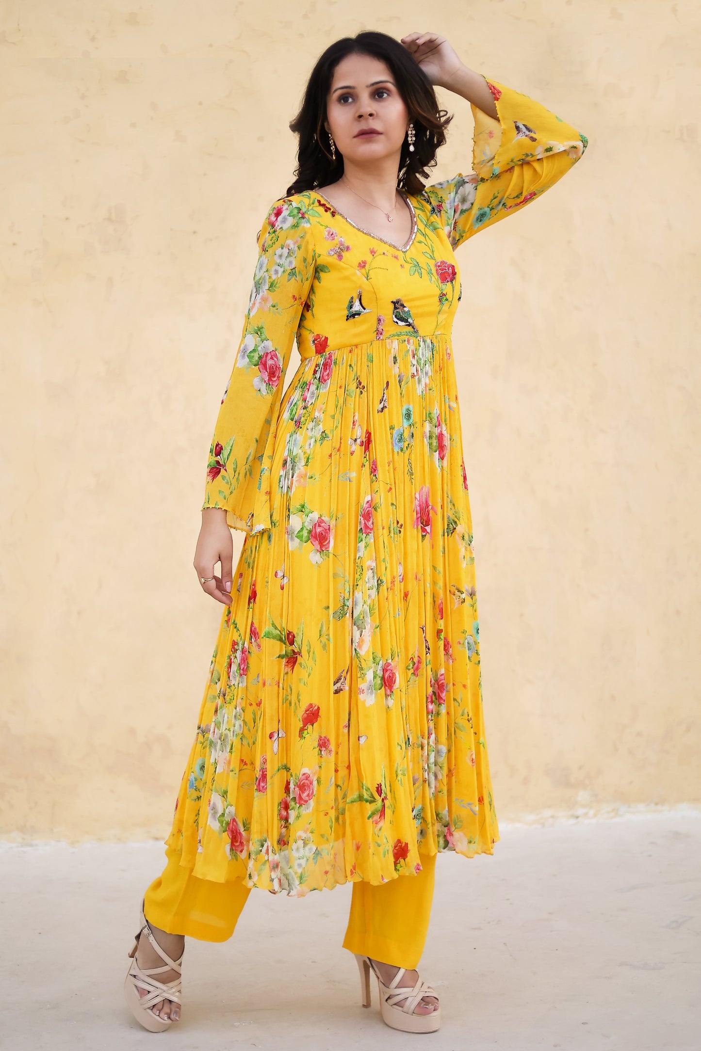 Yellow Anarkali suit with Organza dupatta.