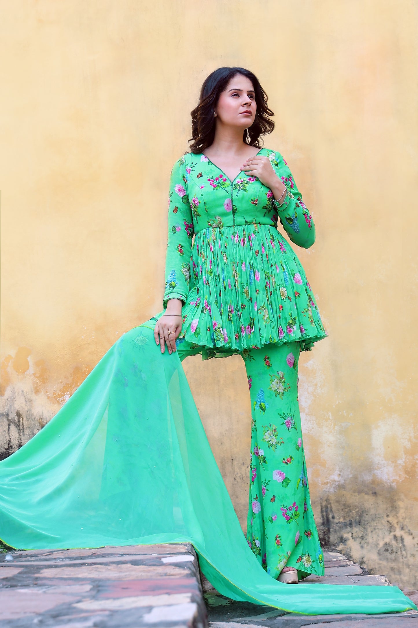 Floral printed sharara set with Organza dupatta.