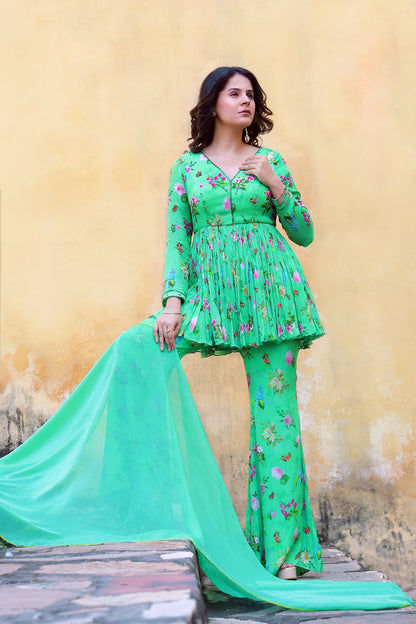 Floral printed sharara set with Organza dupatta.