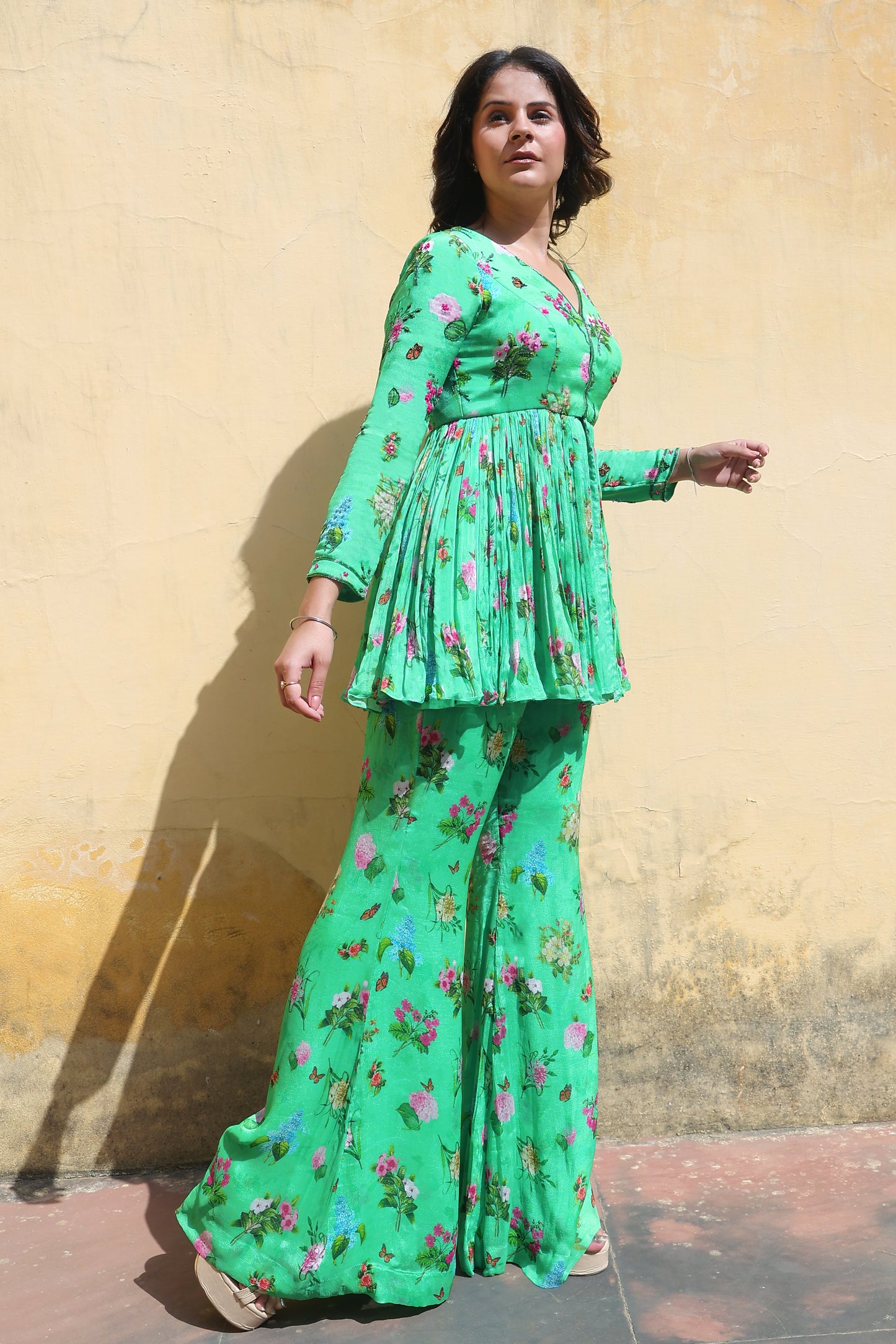 Floral printed sharara set with Organza dupatta.