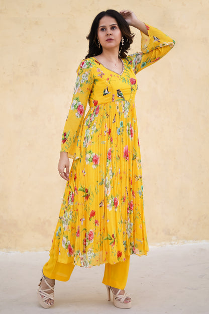 Yellow Anarkali suit with Organza dupatta.