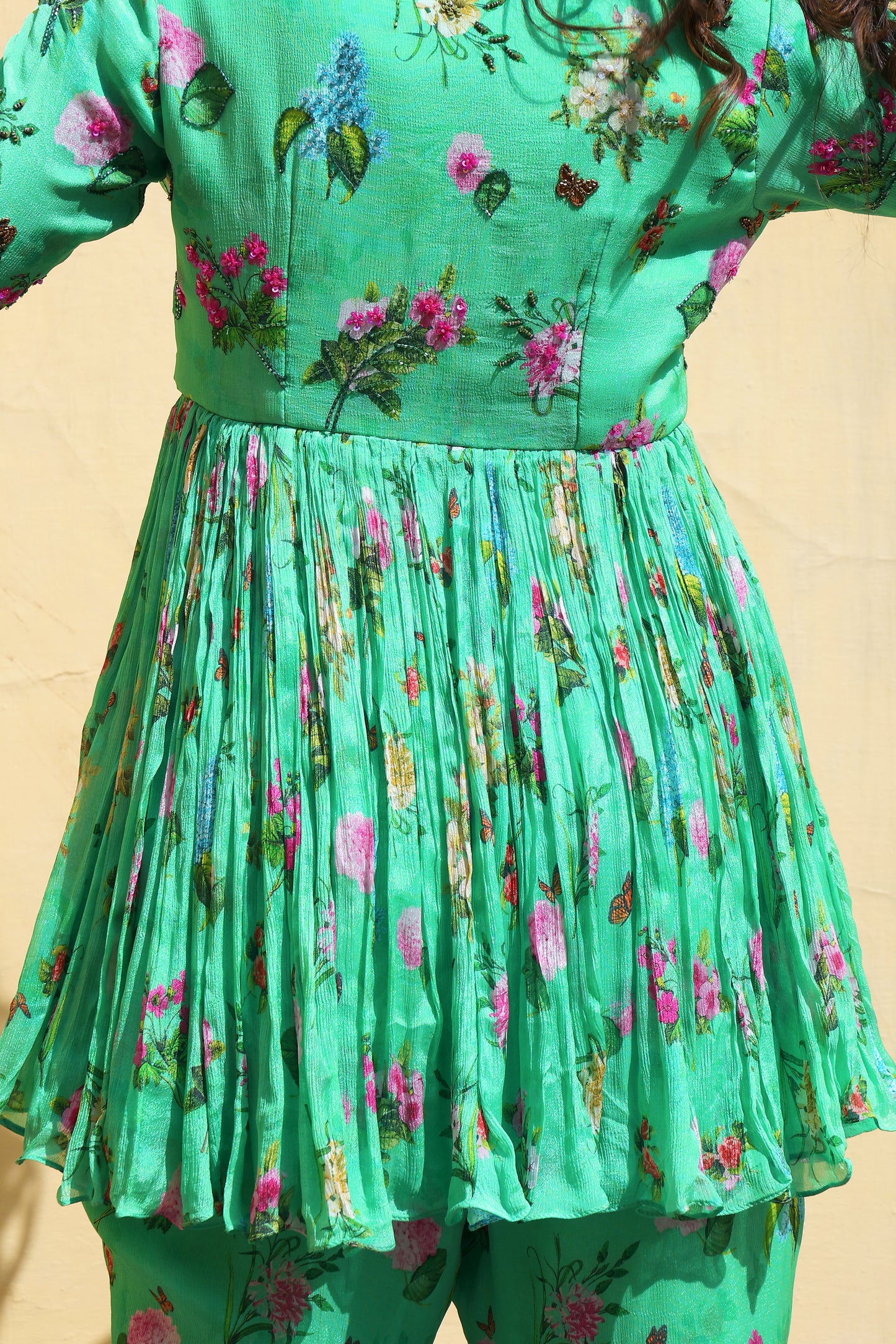 Floral printed sharara set with Organza dupatta.