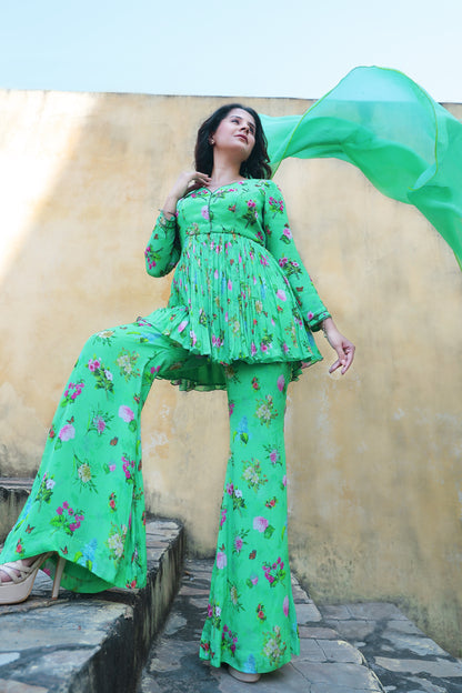 Floral printed sharara set with Organza dupatta.